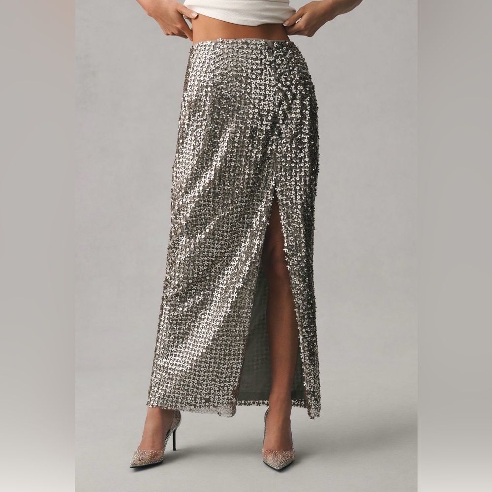 Anthropologie Not So Serious/Let Me Be Sequin Slit Maxi Skirt in Silver - Picture 2 of 10